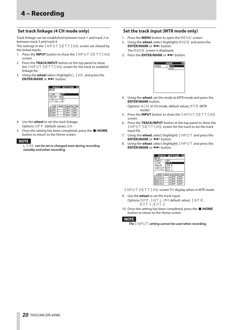 Set track linkage (4 ch mode only), Set the track input (mtr mode only), 4 – recording | Teac DR-44WL Reference Manual User Manual | Page 20 / 58