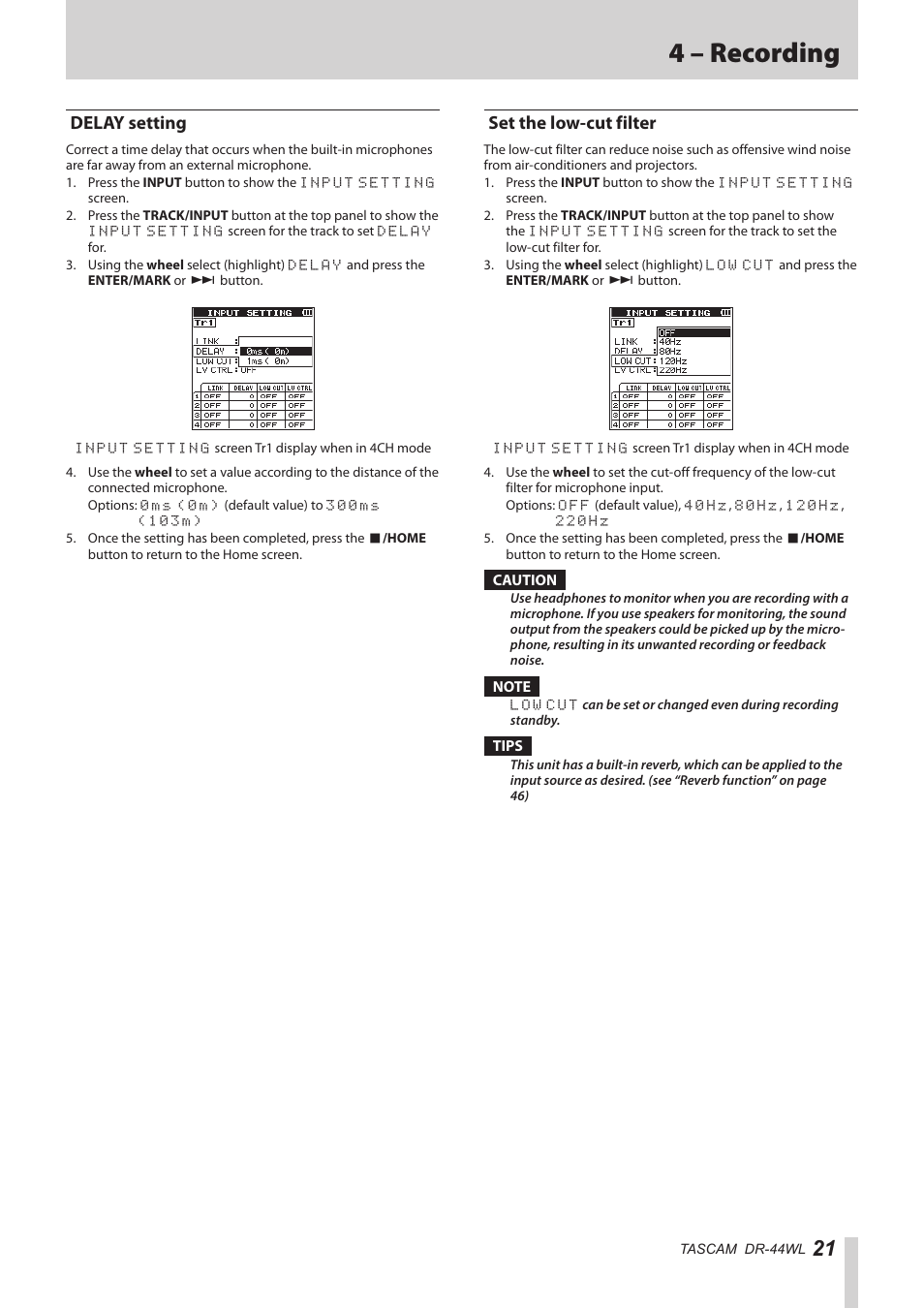 Delay setting, Set the low-cut filter, Delay setting set the low-cut filter | 4 – recording | Teac DR-44WL Reference Manual User Manual | Page 21 / 58