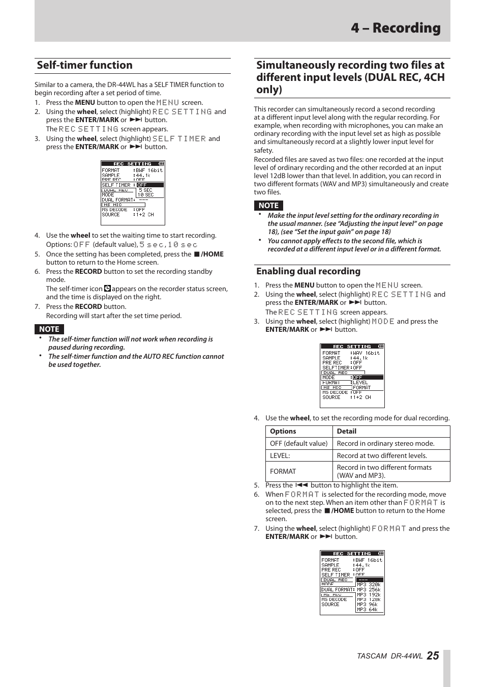 Self-timer function, Enabling dual recording, Dual rec, 4ch only) | 4 – recording | Teac DR-44WL Reference Manual User Manual | Page 25 / 58