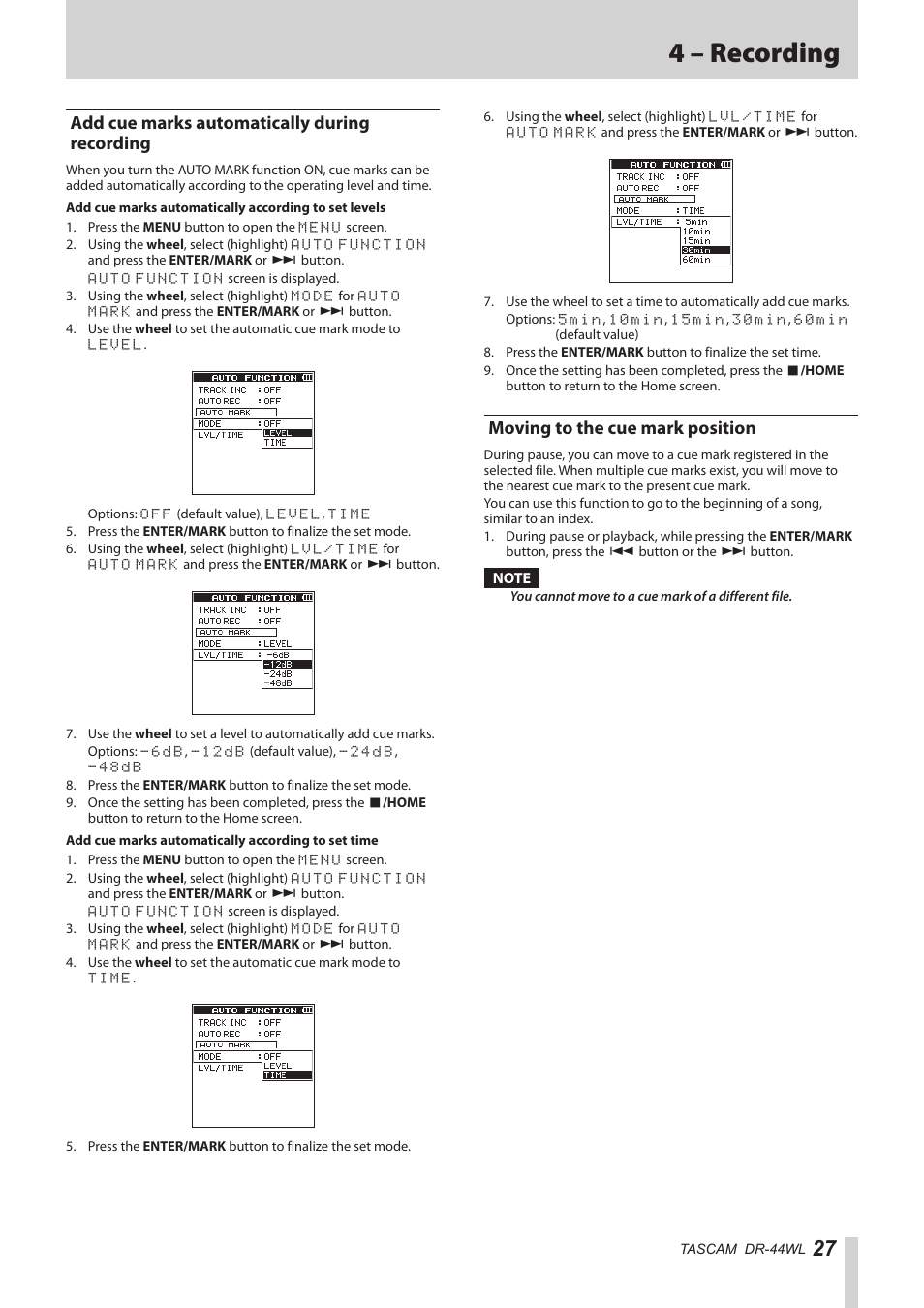 Add cue marks automatically during recording, Moving to the cue mark position, 4 – recording | Teac DR-44WL Reference Manual User Manual | Page 27 / 58