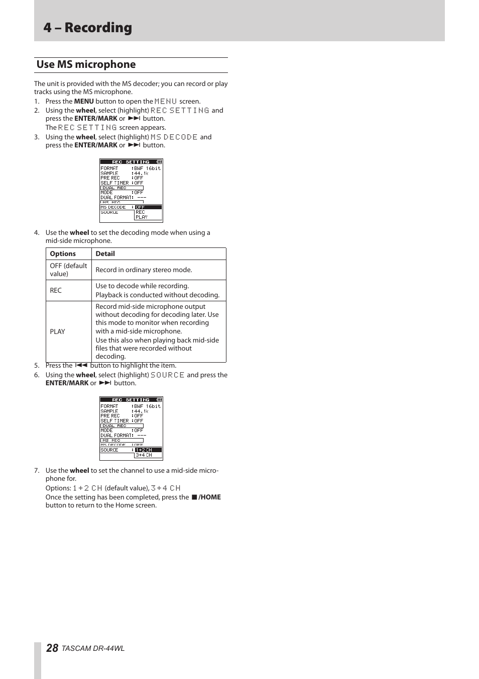 Use ms microphone, 4 – recording | Teac DR-44WL Reference Manual User Manual | Page 28 / 58