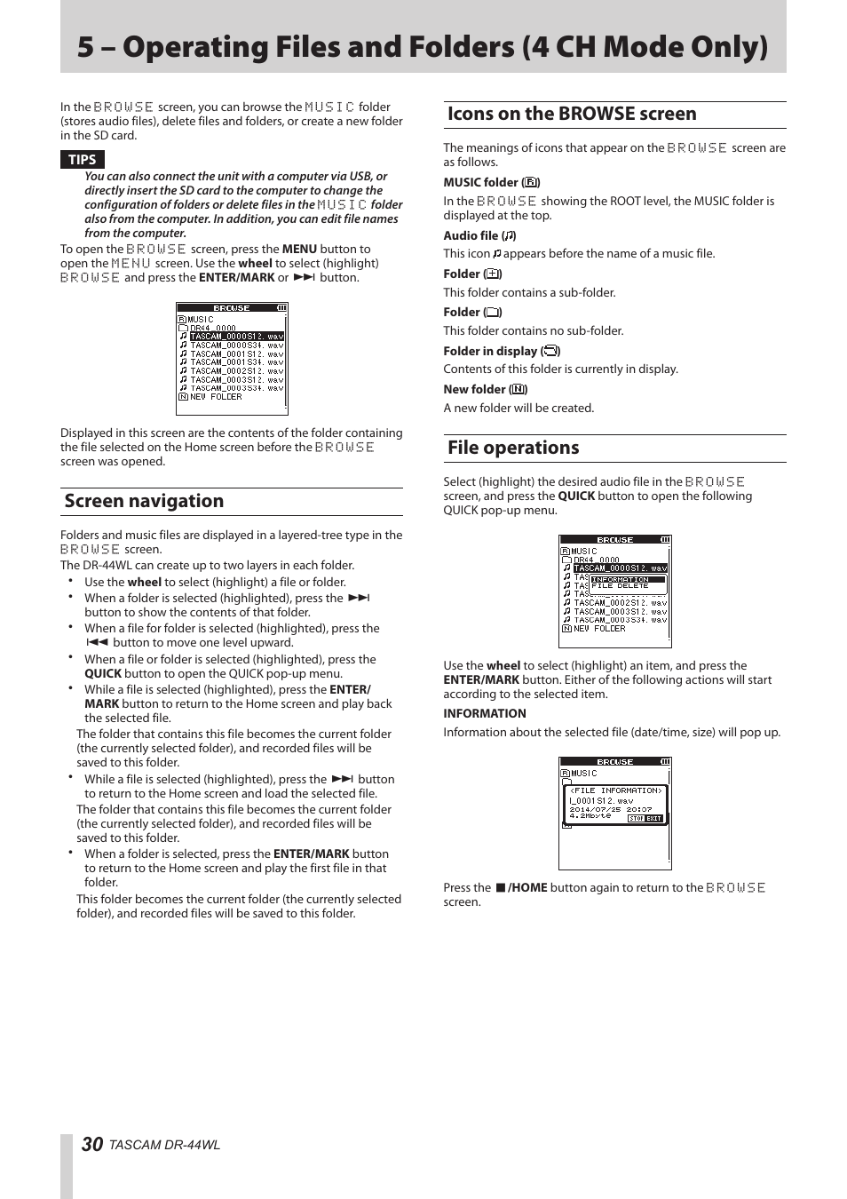5 – operating files and folders (4 ch mode only), Screen navigation, Icons on the browse screen | File operations | Teac DR-44WL Reference Manual User Manual | Page 30 / 58