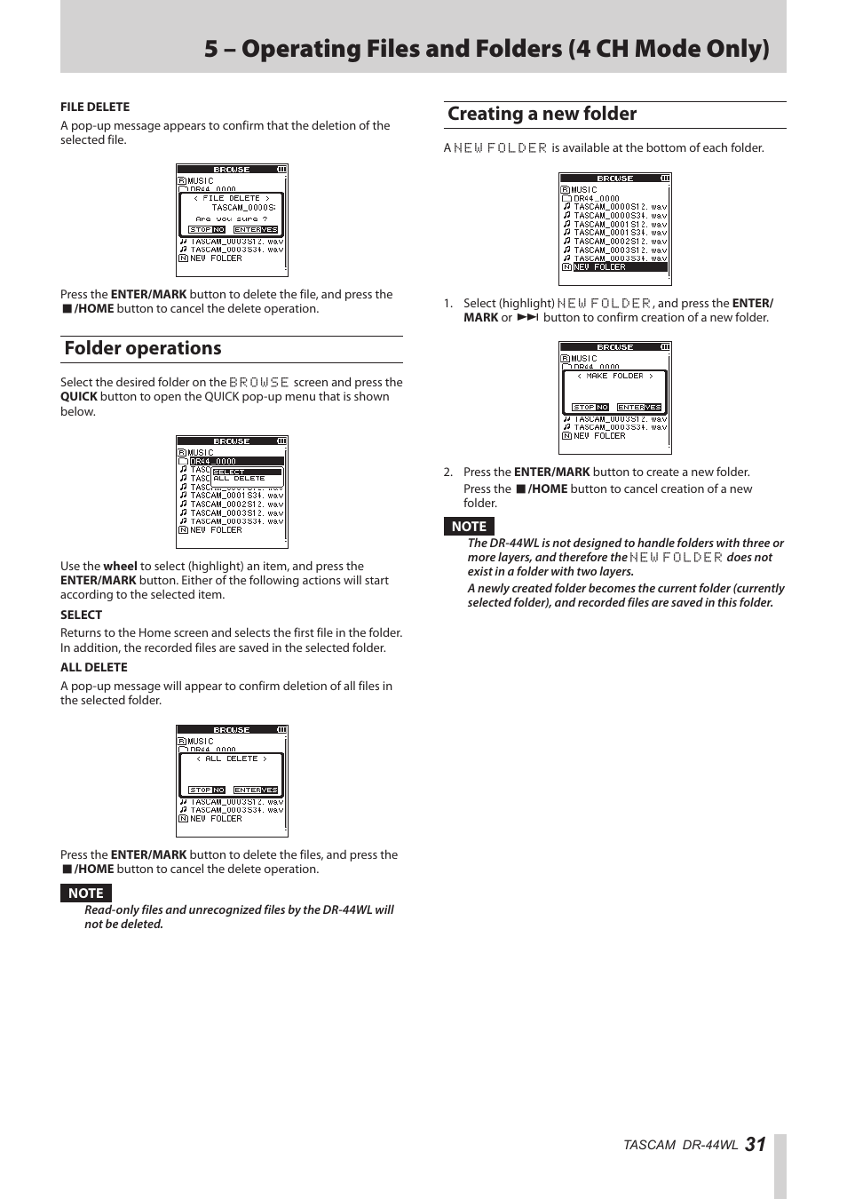 Folder operations, Creating a new folder, Folder operations creating a new folder | 5 – operating files and folders (4 ch mode only) | Teac DR-44WL Reference Manual User Manual | Page 31 / 58