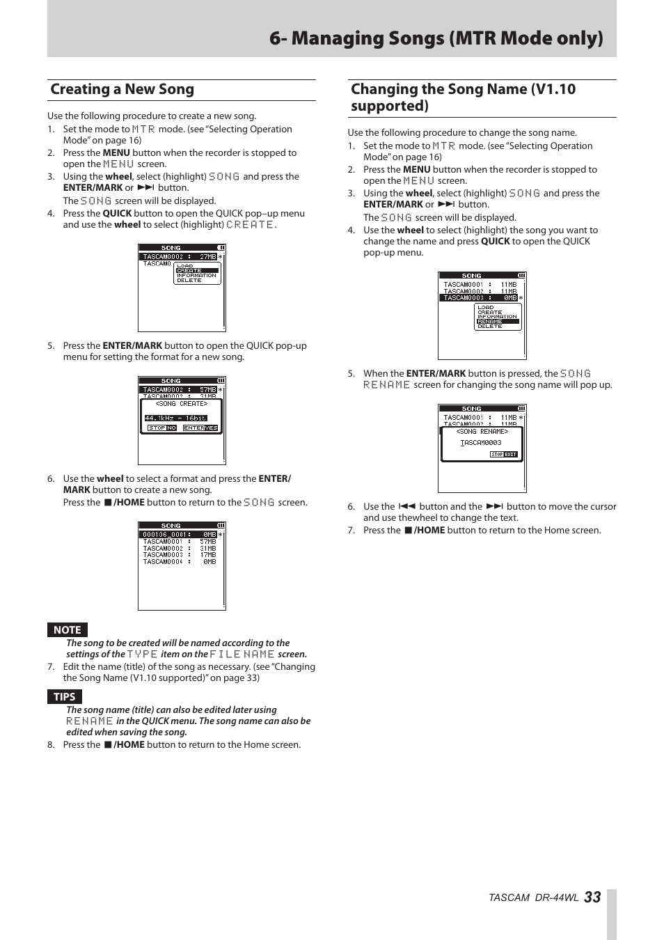 Creating a new song, Changing the song name (v1.10 supported), Managing songs (mtr mode only) | Teac DR-44WL Reference Manual User Manual | Page 33 / 58