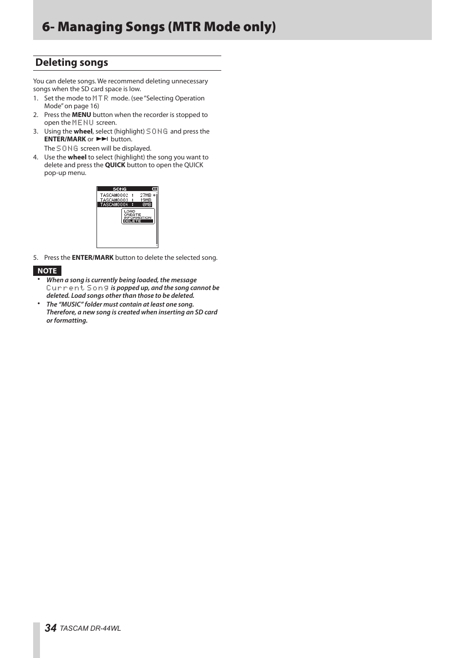 Deleting songs, Managing songs (mtr mode only) | Teac DR-44WL Reference Manual User Manual | Page 34 / 58