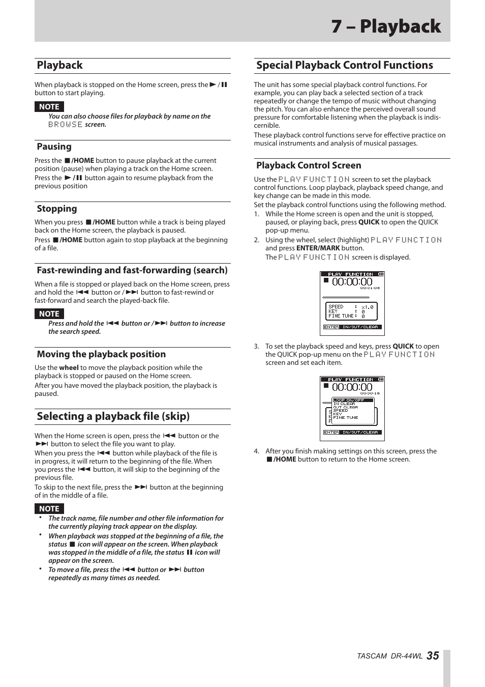 7 – playback, Playback, Pausing | Stopping, Fast-rewinding and fast-forwarding (search), Moving the playback position, Selecting a playback file (skip), Special playback control functions, Playback control screen | Teac DR-44WL Reference Manual User Manual | Page 35 / 58