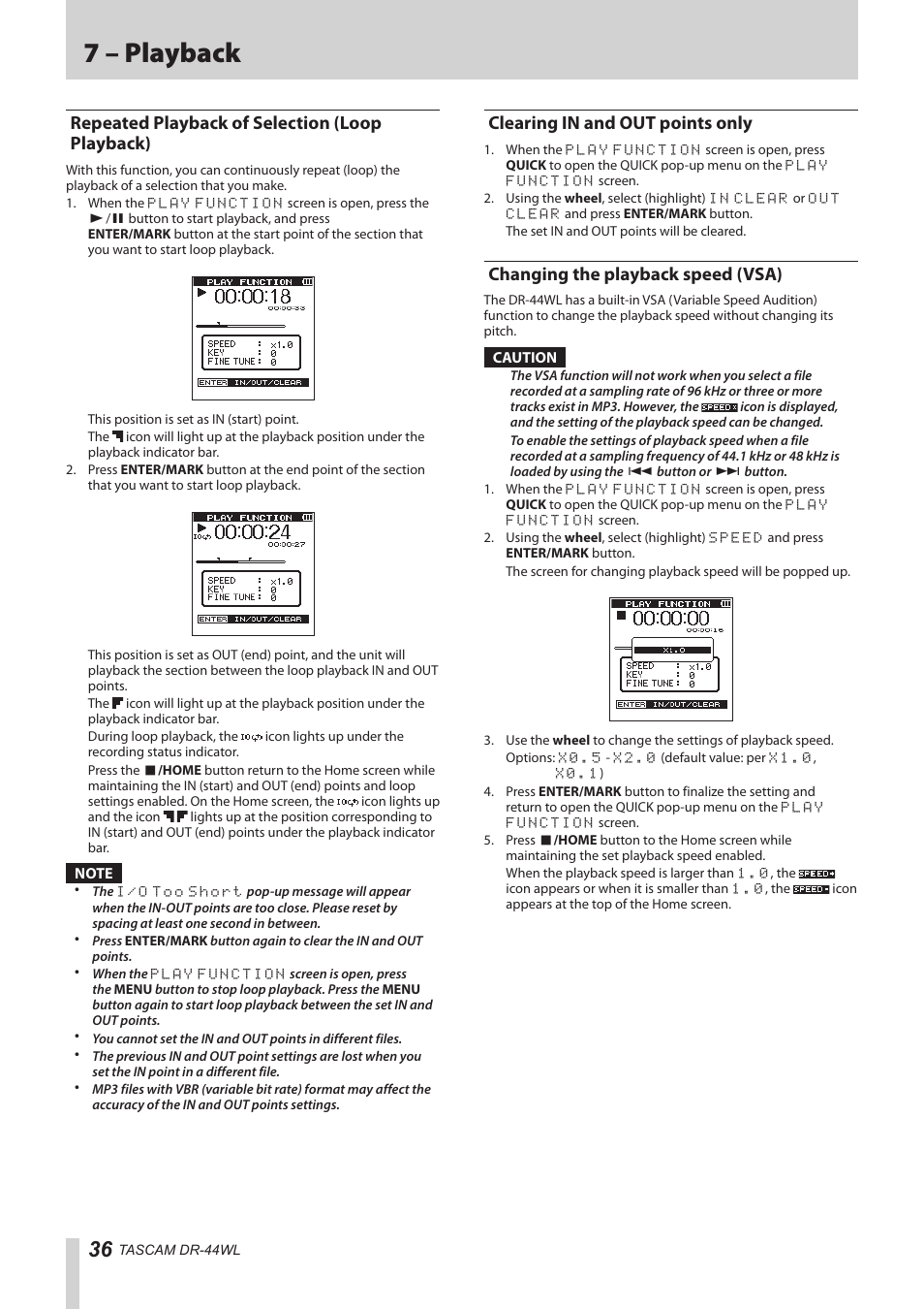 Repeated playback of selection (loop playback), Clearing in and out points only, Changing the playback speed (vsa) | 7 – playback | Teac DR-44WL Reference Manual User Manual | Page 36 / 58