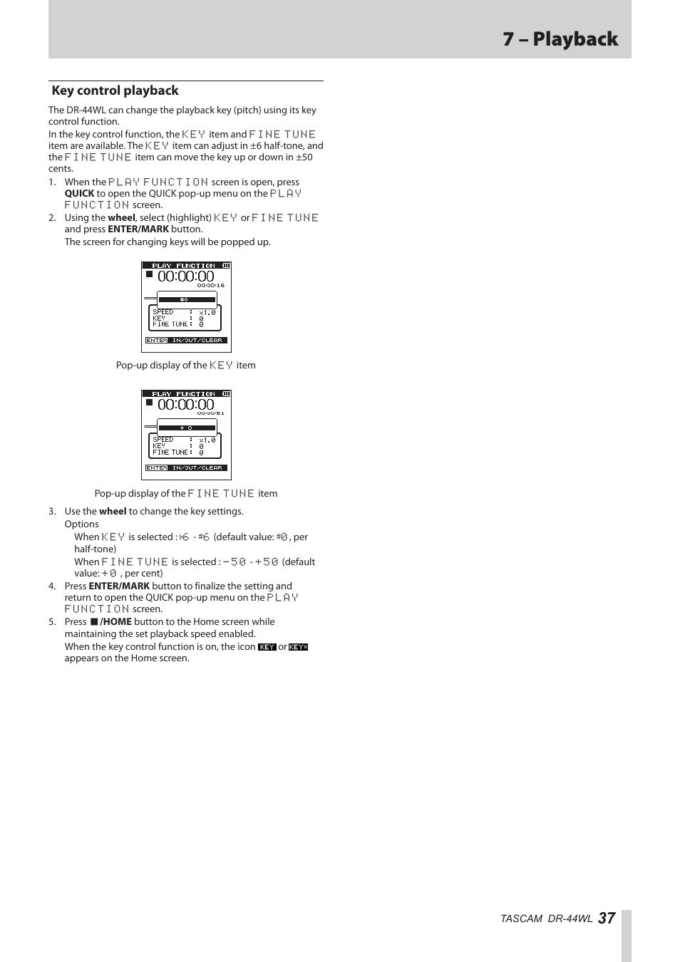 Key control playback, 7 – playback | Teac DR-44WL Reference Manual User Manual | Page 37 / 58