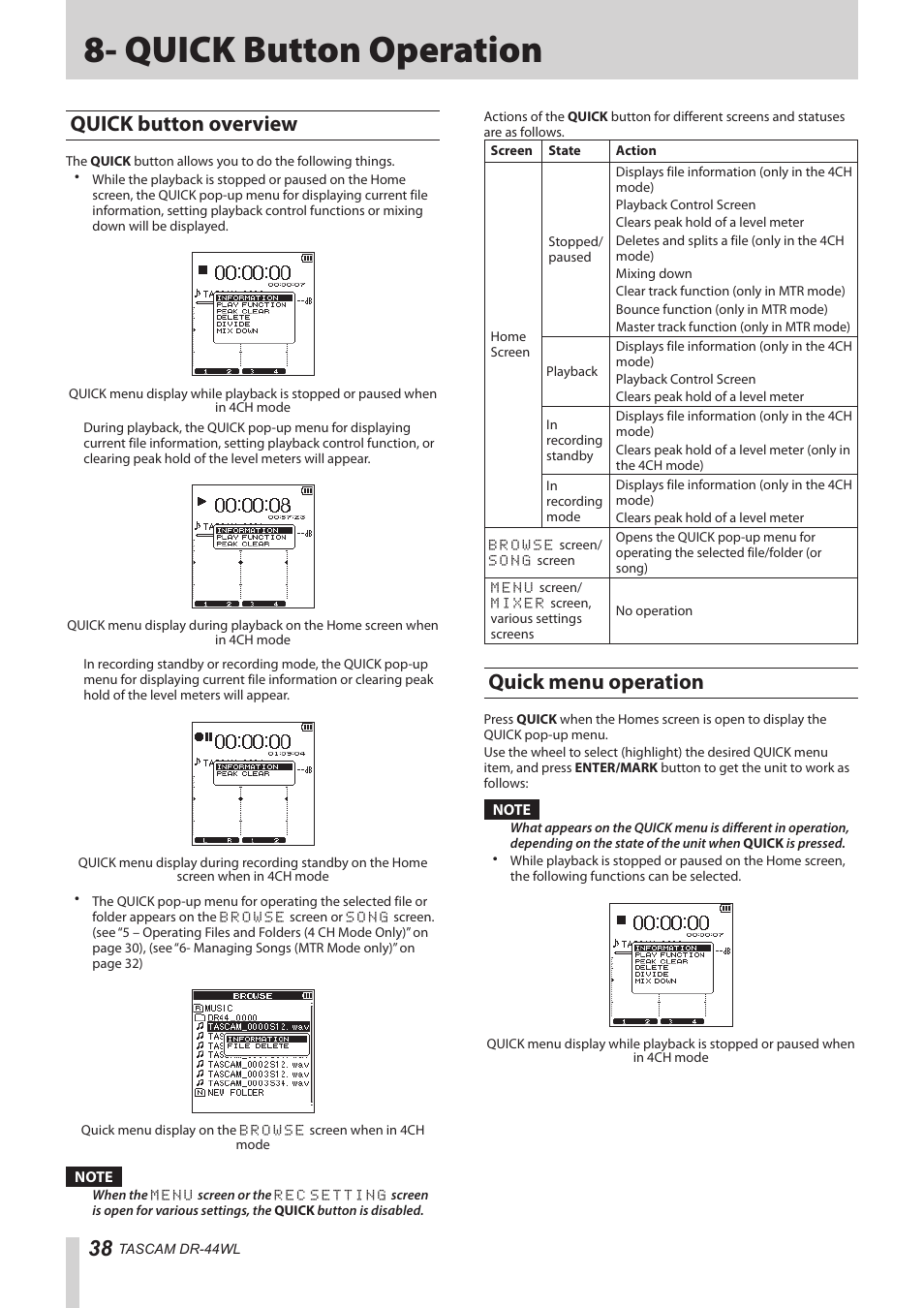 Quick button operation, Quick button overview, Quick menu operation | Quick button overview quick menu operation, See “quick button | Teac DR-44WL Reference Manual User Manual | Page 38 / 58