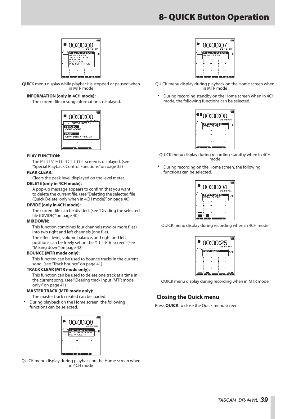 Closing the quick menu, Quick button operation | Teac DR-44WL Reference Manual User Manual | Page 39 / 58