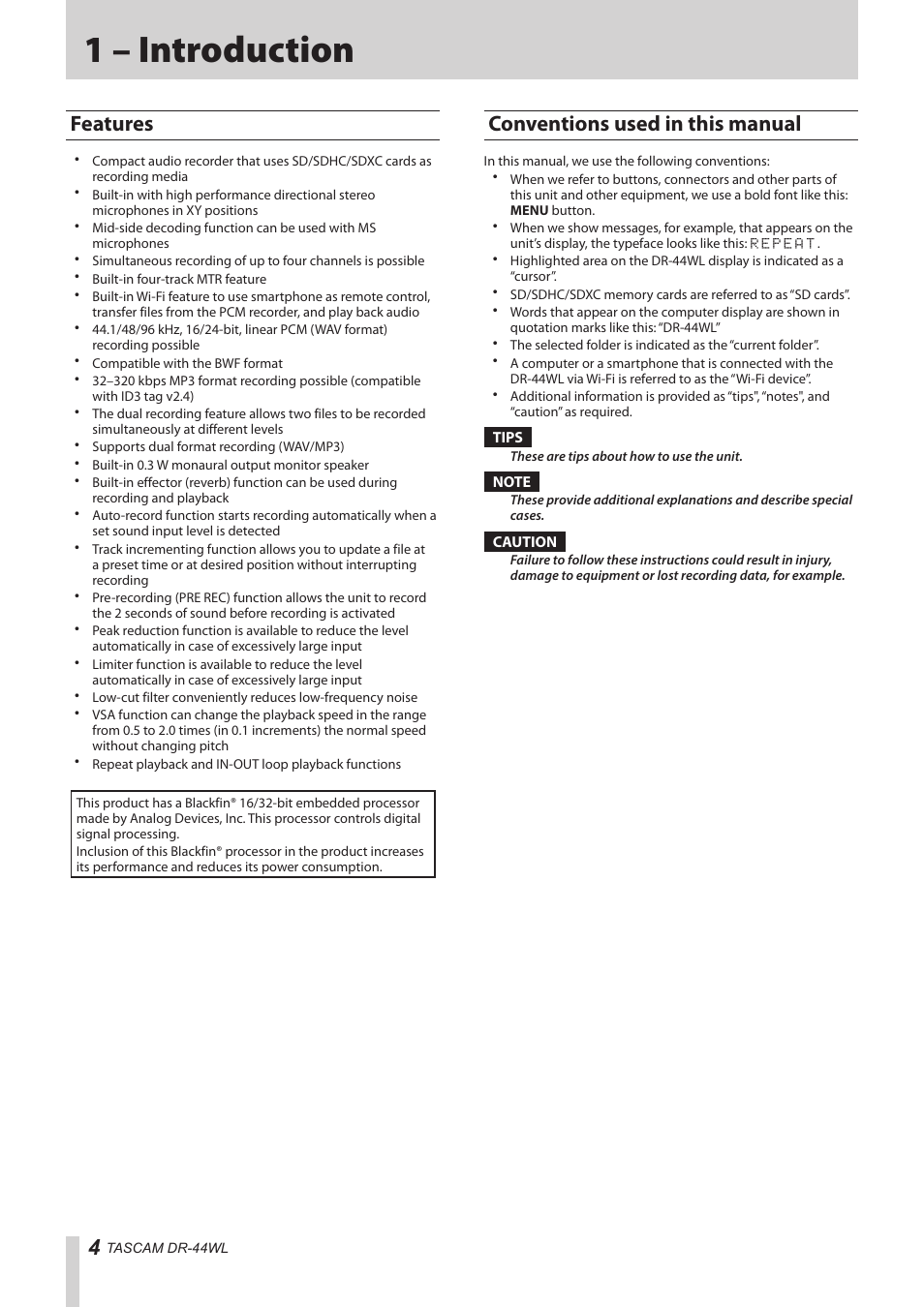 1 – introduction, Features, Conventions used in this manual | Features conventions used in this manual | Teac DR-44WL Reference Manual User Manual | Page 4 / 58