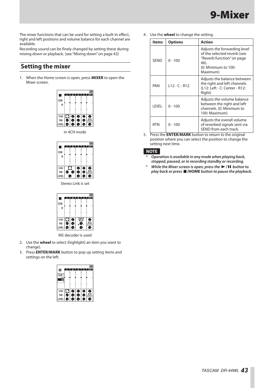 Mixer, Setting the mixer, See “setting the | Teac DR-44WL Reference Manual User Manual | Page 43 / 58