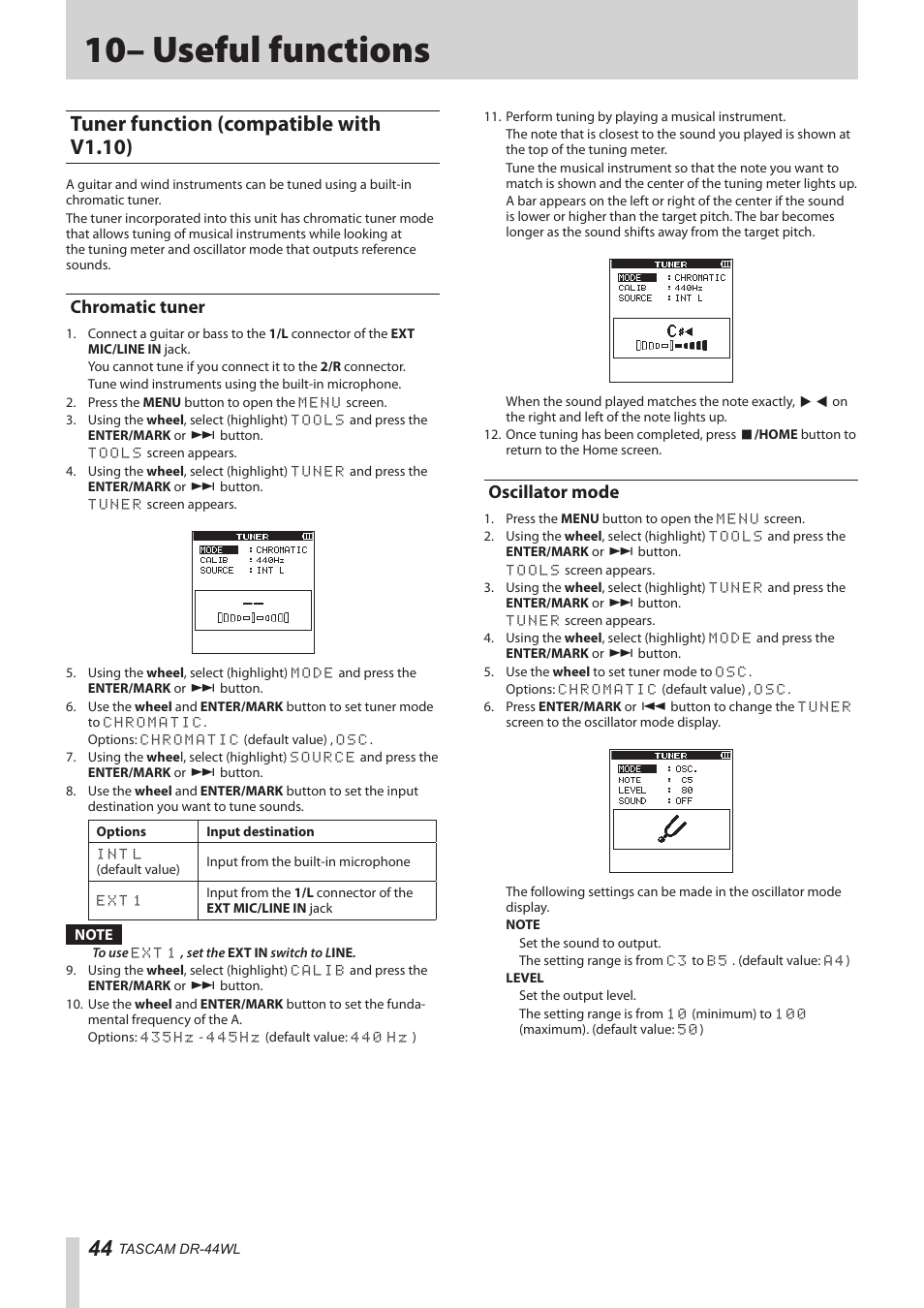 10– useful functions, Tuner function (compatible with v1.10), Chromatic tuner | Oscillator mode, Chromatic tuner oscillator mode | Teac DR-44WL Reference Manual User Manual | Page 44 / 58