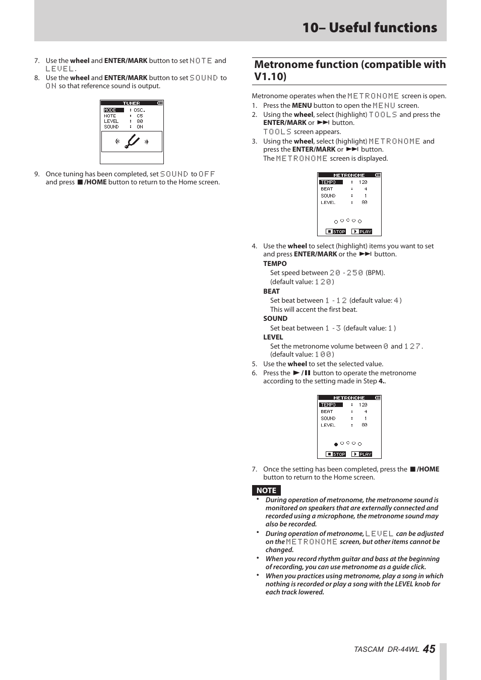 Metronome function (compatible with v1.10), 10– useful functions | Teac DR-44WL Reference Manual User Manual | Page 45 / 58