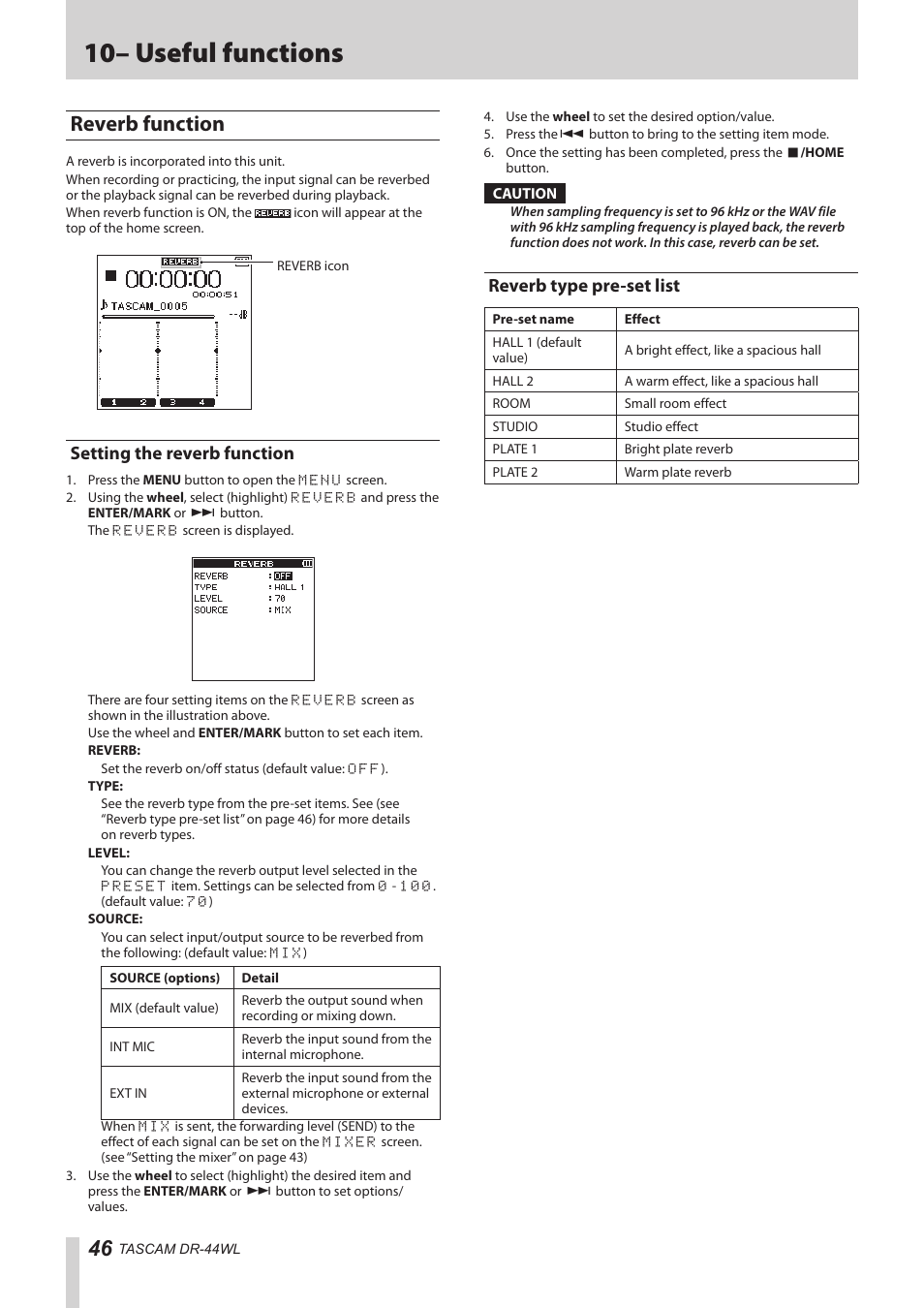 Reverb function, Setting the reverb function, Reverb type pre-set list | B (see, 10– useful functions | Teac DR-44WL Reference Manual User Manual | Page 46 / 58