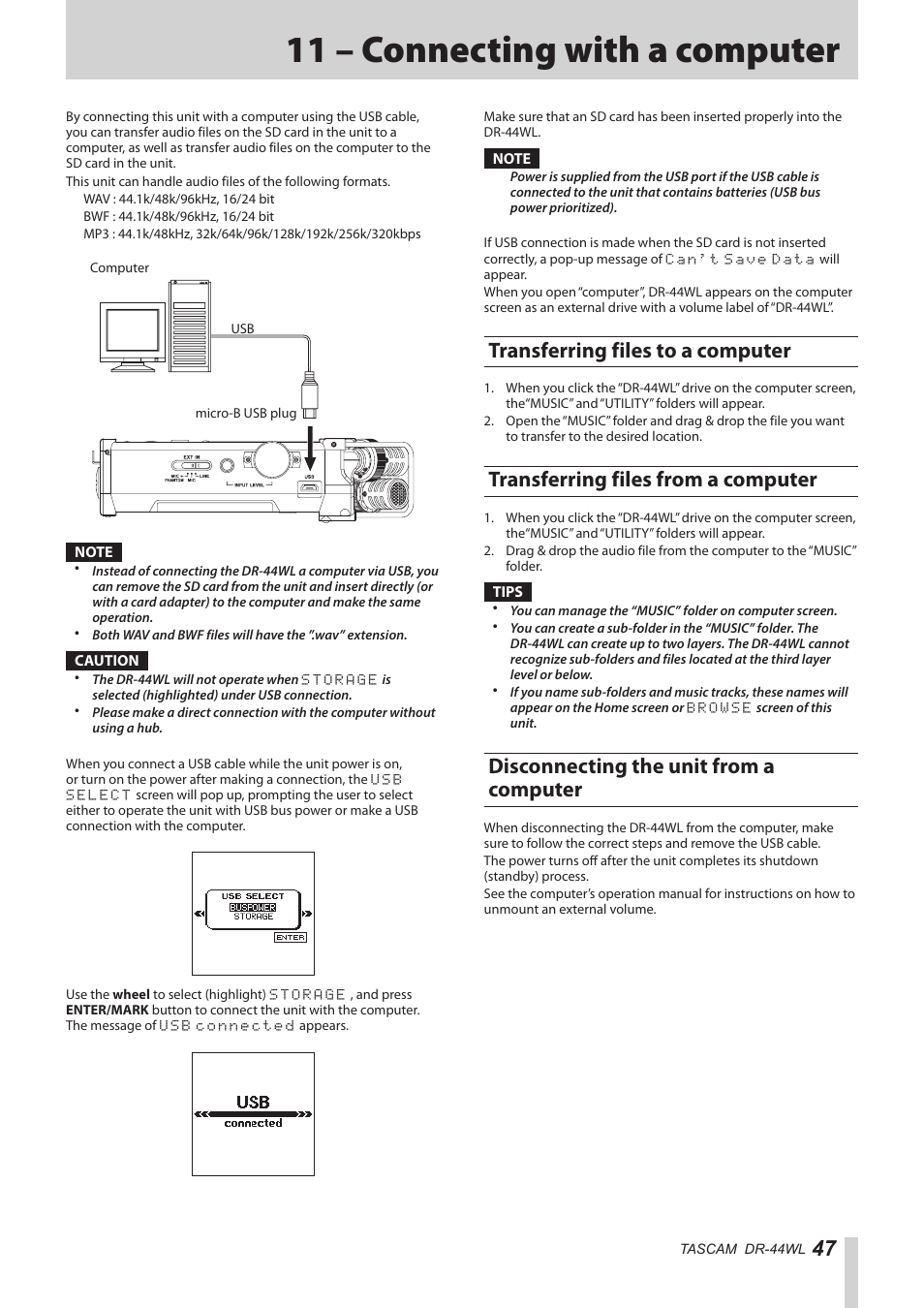 11 – connecting with a computer, Transferring files to a computer, Transferring files from a computer | Disconnecting the unit from a computer, See “11 – connecting with | Teac DR-44WL Reference Manual User Manual | Page 47 / 58