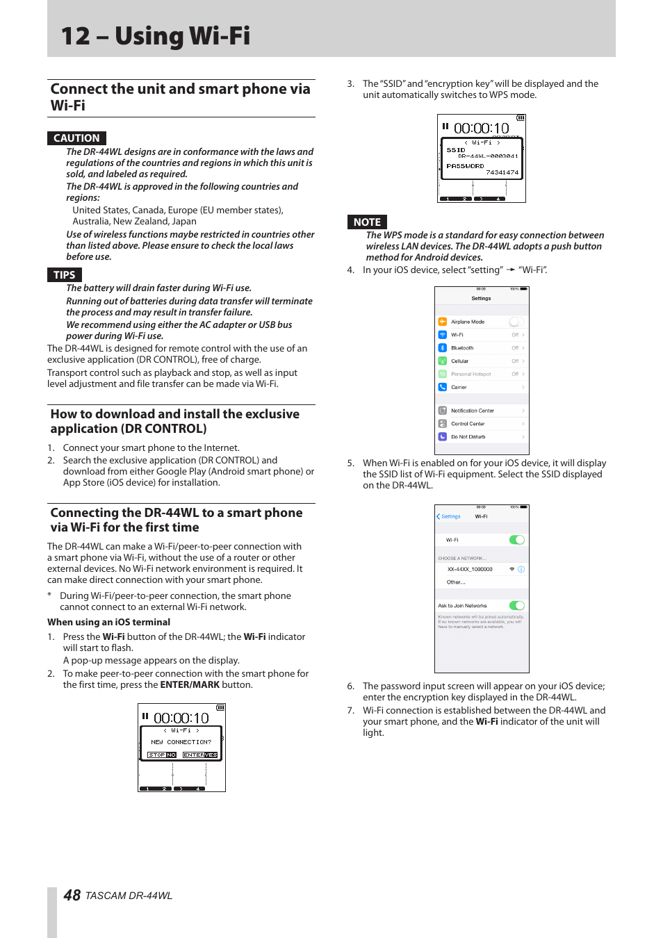 12 – using wi-fi, Connect the unit and smart phone via wi-fi, Via wi-fi for the first time | Teac DR-44WL Reference Manual User Manual | Page 48 / 58