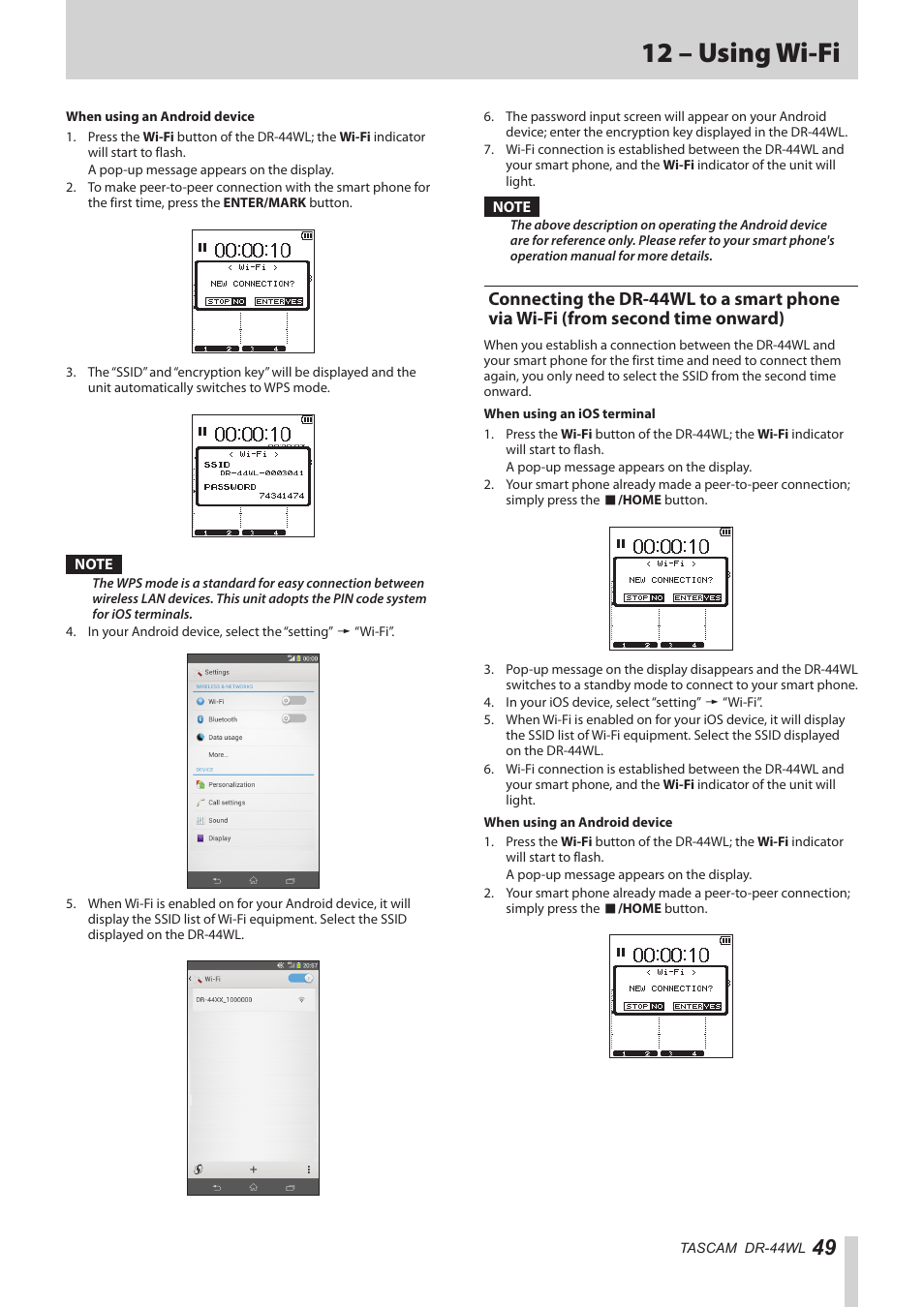 Connecting the dr-44wl to a smart phone via wi-fi, From second time onward), 12 – using wi-fi | Teac DR-44WL Reference Manual User Manual | Page 49 / 58