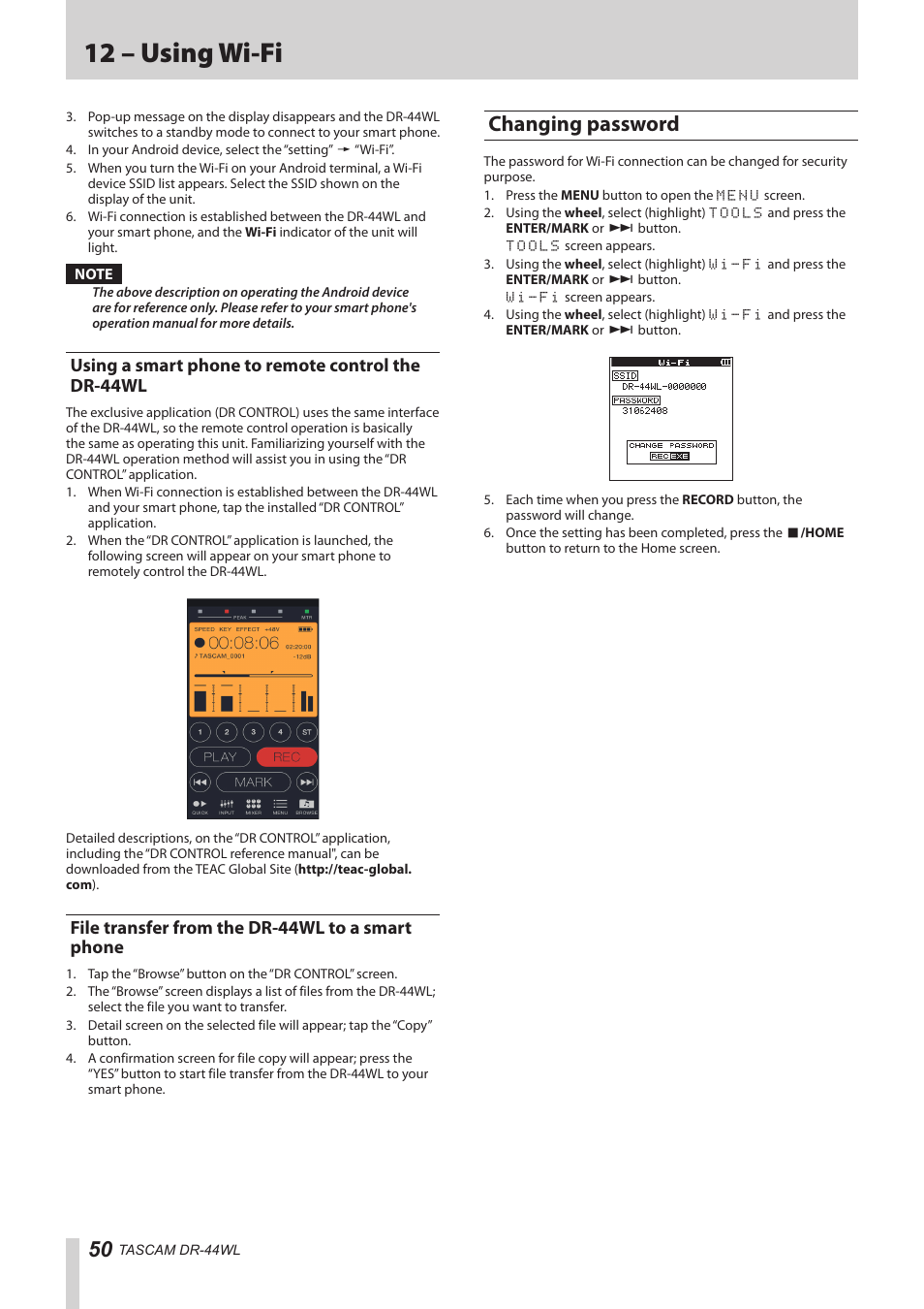 Using a smart phone to remote control the dr-44wl, File transfer from the dr-44wl to a smart phone, Changing password | 12 – using wi-fi | Teac DR-44WL Reference Manual User Manual | Page 50 / 58