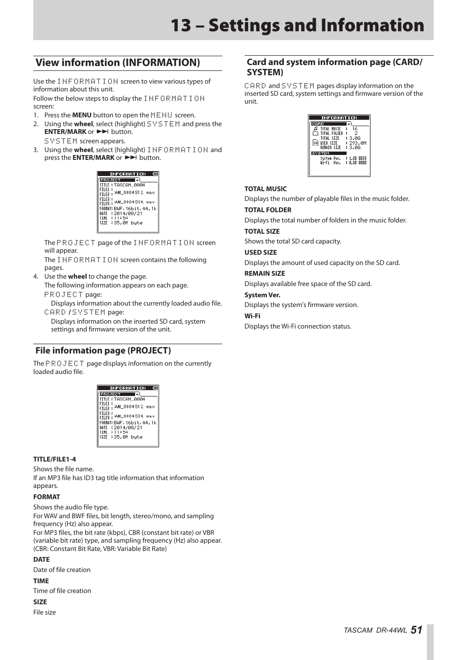 13 – settings and information, View information (information), File information page (project) | Card and system information page (card/ system) | Teac DR-44WL Reference Manual User Manual | Page 51 / 58