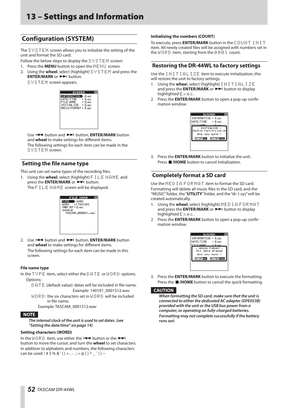Configuration (system), Setting the file name type, Restoring the dr-44wl to factory settings | Completely format a sd card, 13 – settings and information | Teac DR-44WL Reference Manual User Manual | Page 52 / 58