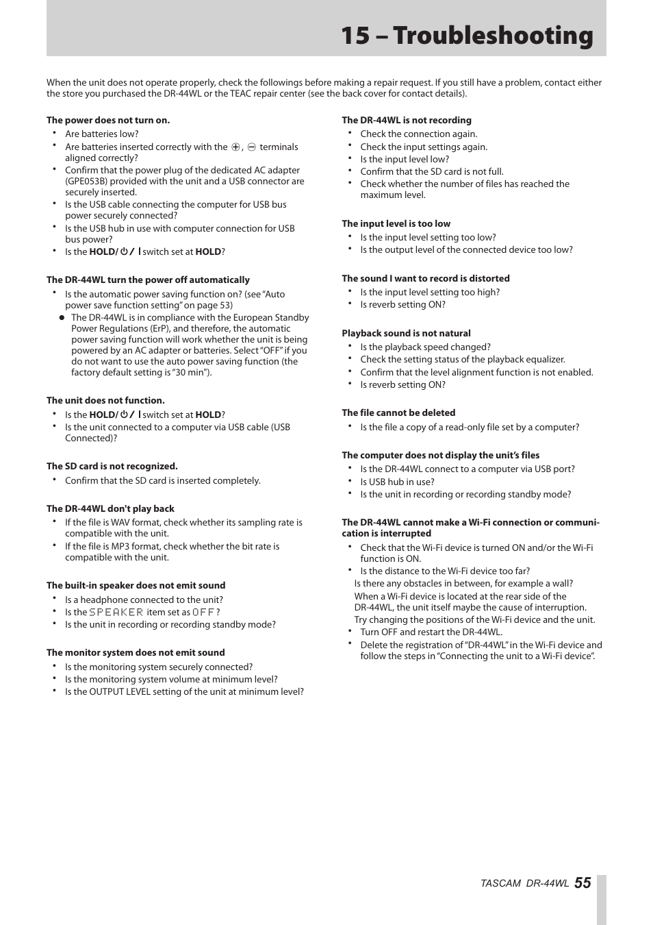 15 – troubleshooting | Teac DR-44WL Reference Manual User Manual | Page 55 / 58