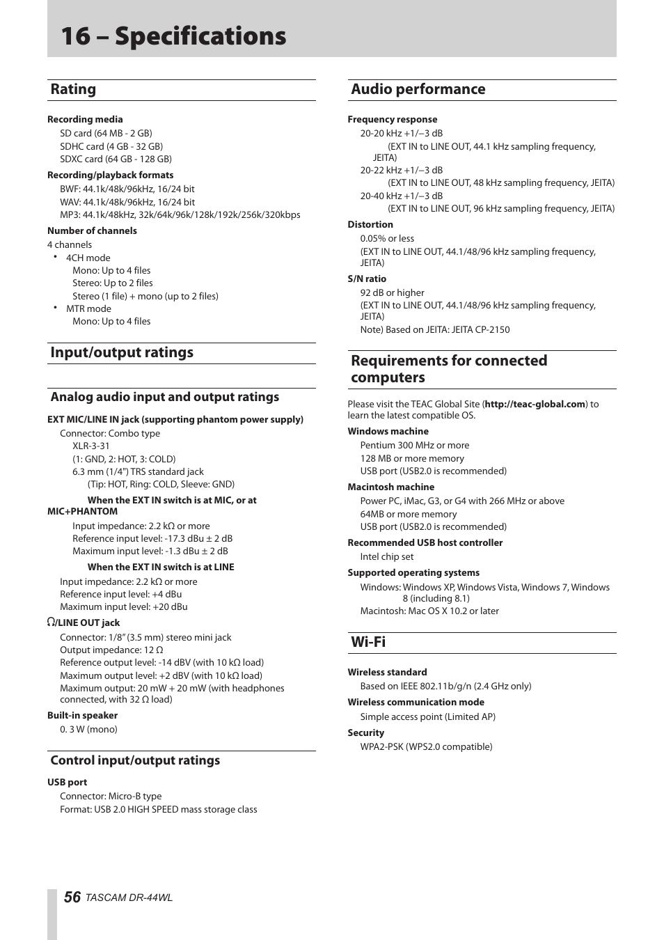 16 – specifications, Rating, Input/output ratings | Analog audio input and output ratings, Control input/output ratings, Audio performance, Requirements for connected computers, Wi-fi, Rating input/output ratings | Teac DR-44WL Reference Manual User Manual | Page 56 / 58