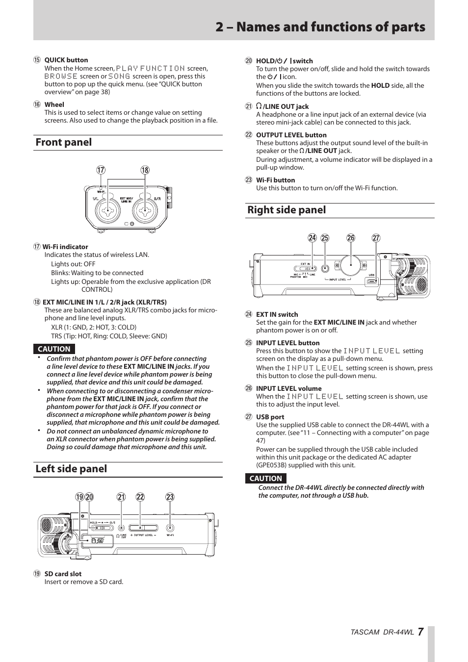 Front panel, Left side panel, Right side panel | Front panel left side panel right side panel, 2 – names and functions of parts | Teac DR-44WL Reference Manual User Manual | Page 7 / 58