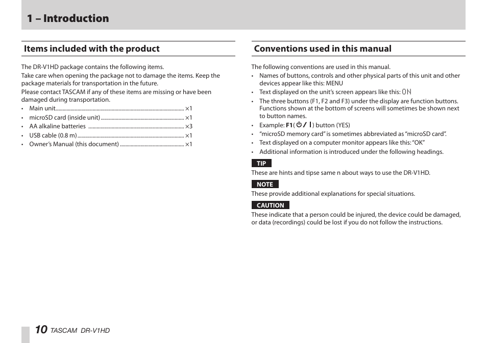 Items included with the product, Conventions used in this manual, 1 – introduction | Teac DR-V1HD User Manual | Page 10 / 102