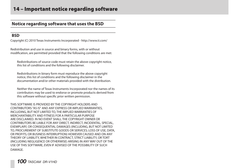 Notice regarding software that uses the bsd, 14 – important notice regarding software | Teac DR-V1HD User Manual | Page 100 / 102