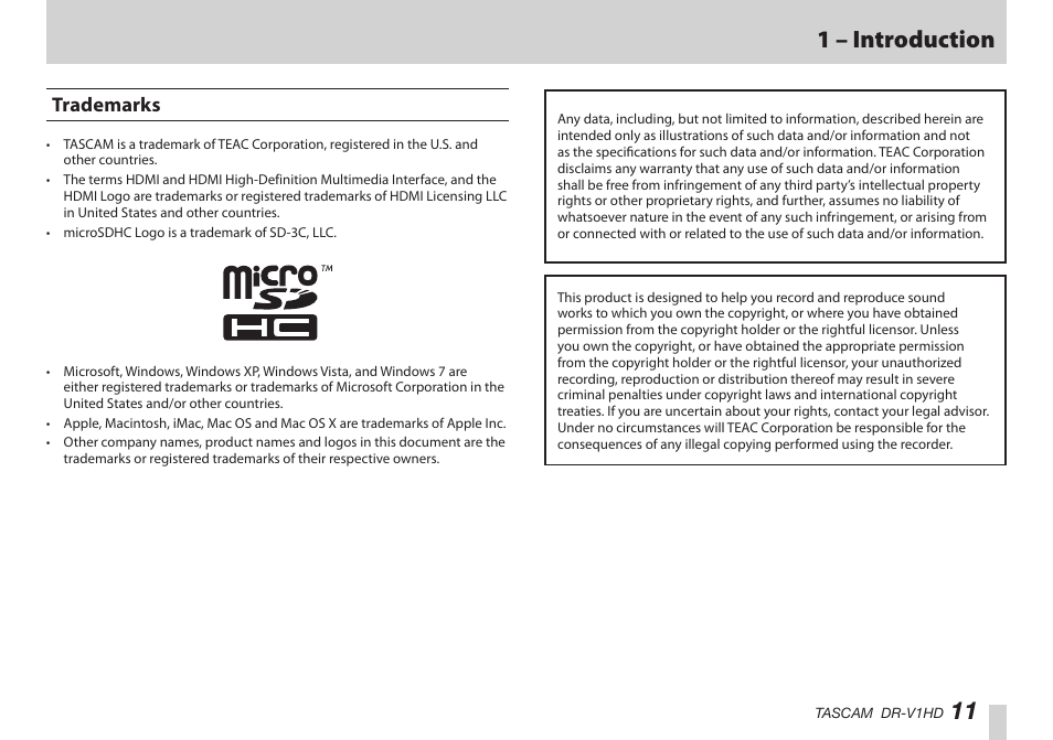 Trademarks, 11 1 – introduction | Teac DR-V1HD User Manual | Page 11 / 102