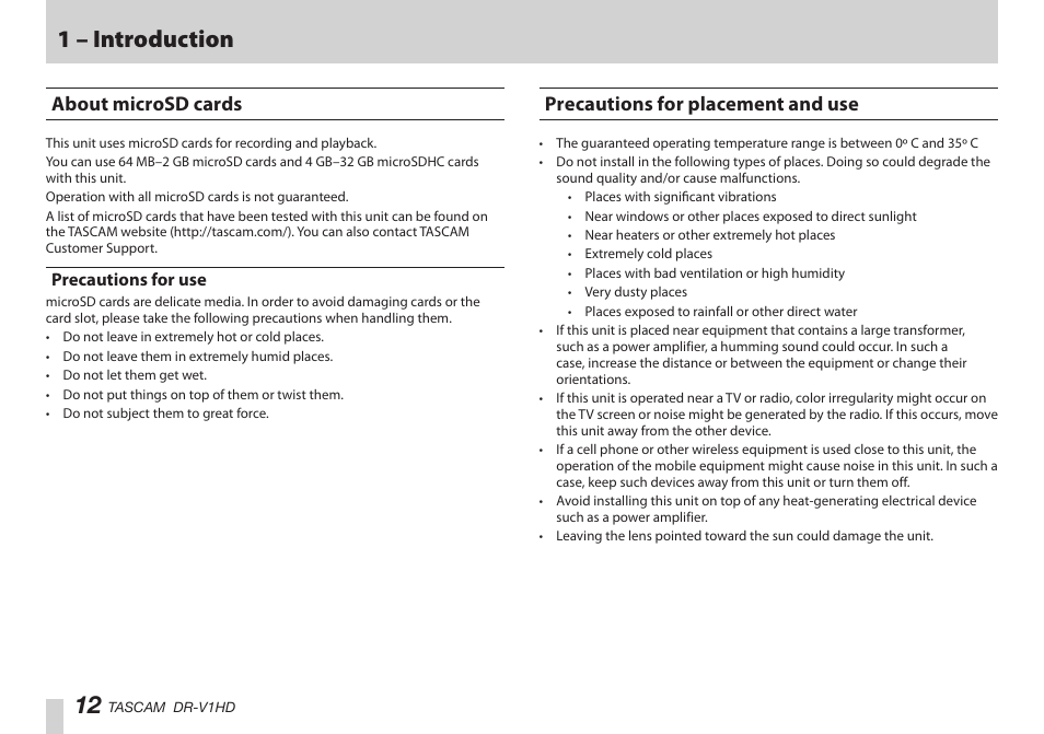 About microsd cards, Precautions for use, Precautions for placement and use | 1 – introduction | Teac DR-V1HD User Manual | Page 12 / 102