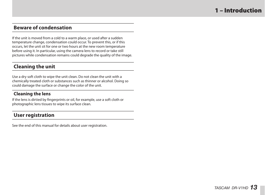 Beware of condensation, Cleaning the unit, Cleaning the lens | User registration, Beware of condensation cleaning the unit, 13 1 – introduction | Teac DR-V1HD User Manual | Page 13 / 102