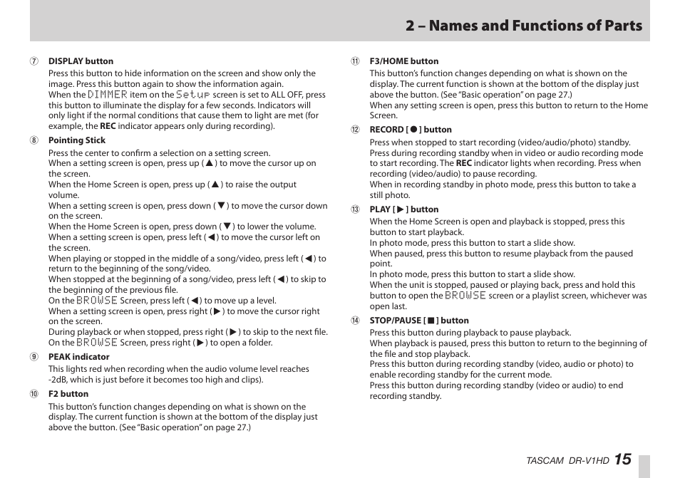 15 2 – names and functions of parts | Teac DR-V1HD User Manual | Page 15 / 102