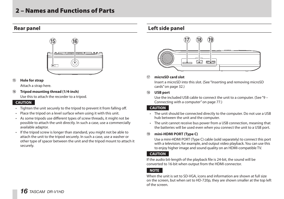 Rear panel, Left side panel, Rear panel left side panel | 2 – names and functions of parts | Teac DR-V1HD User Manual | Page 16 / 102