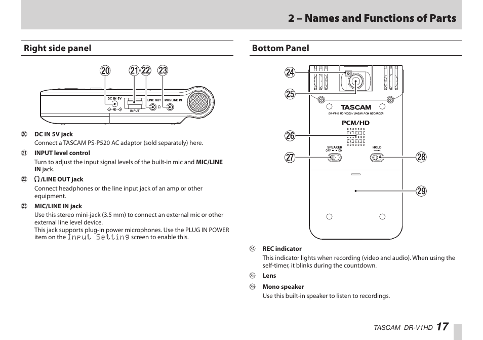 Right side panel, Bottom panel, Right side panel bottom panel | 17 2 – names and functions of parts | Teac DR-V1HD User Manual | Page 17 / 102