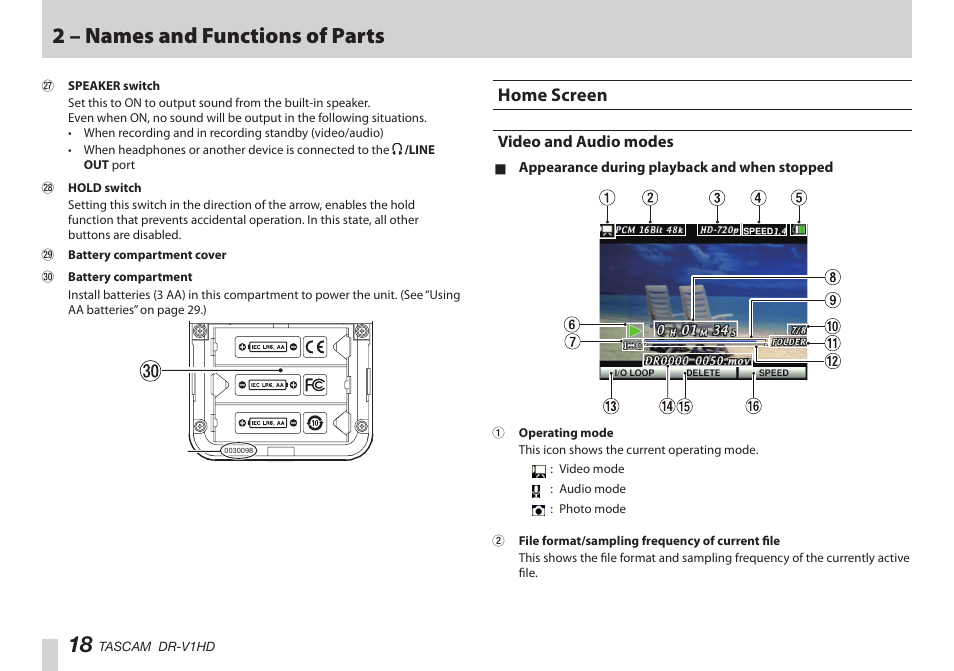 Home screen, Video and audio modes, 2 – names and functions of parts | Teac DR-V1HD User Manual | Page 18 / 102