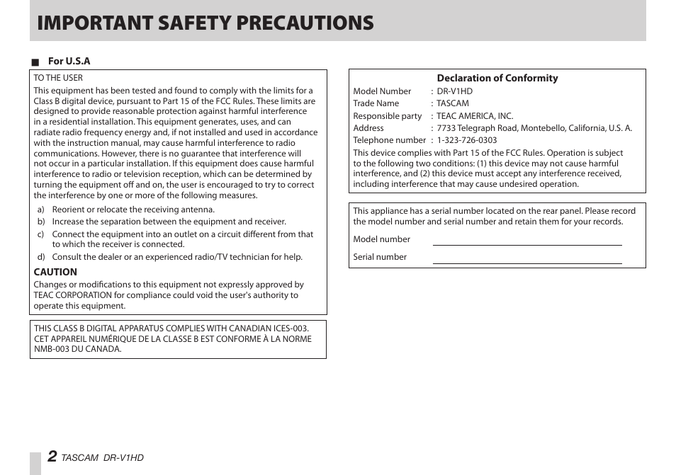 Important safety precautions | Teac DR-V1HD User Manual | Page 2 / 102