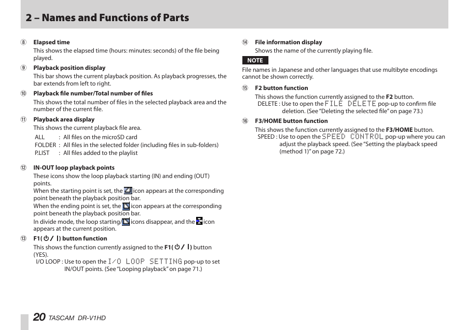 2 – names and functions of parts | Teac DR-V1HD User Manual | Page 20 / 102