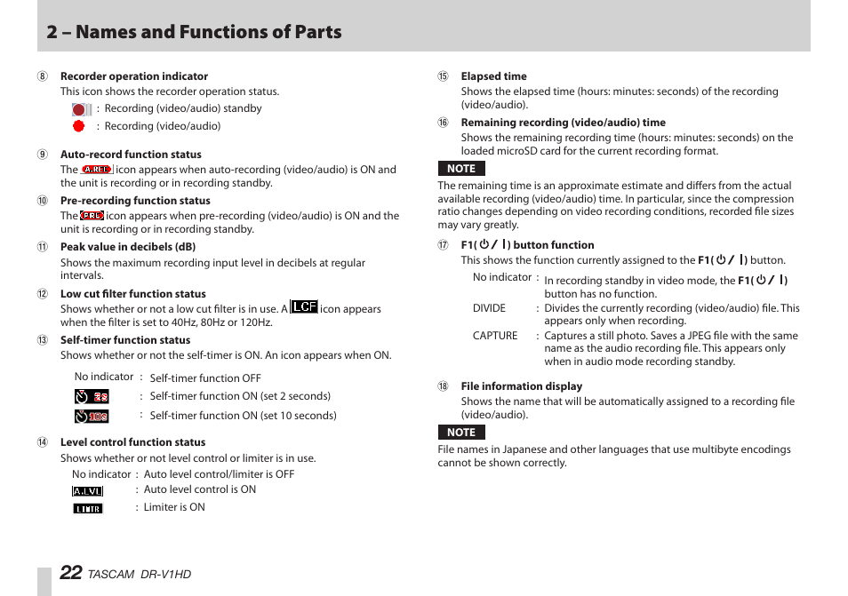 2 – names and functions of parts | Teac DR-V1HD User Manual | Page 22 / 102