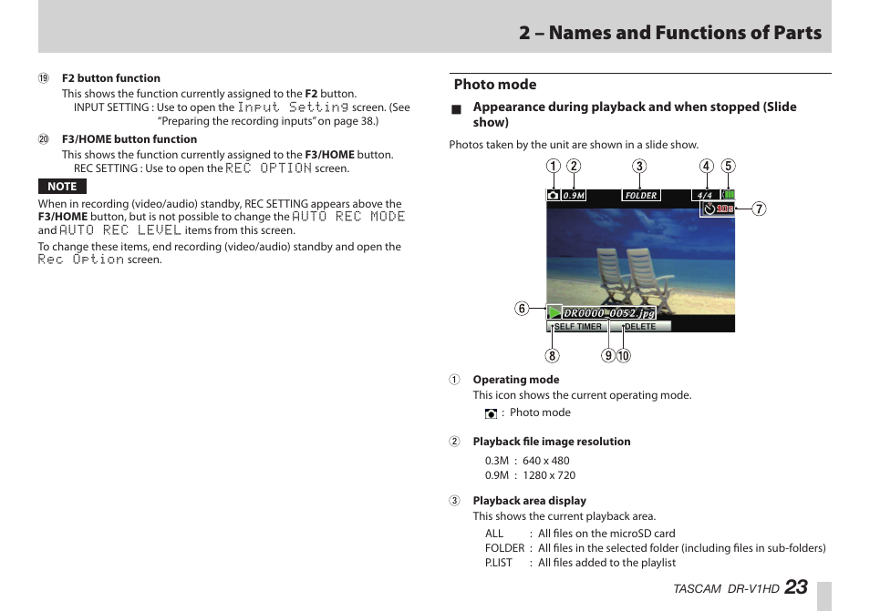 Photo mode, 23 2 – names and functions of parts | Teac DR-V1HD User Manual | Page 23 / 102