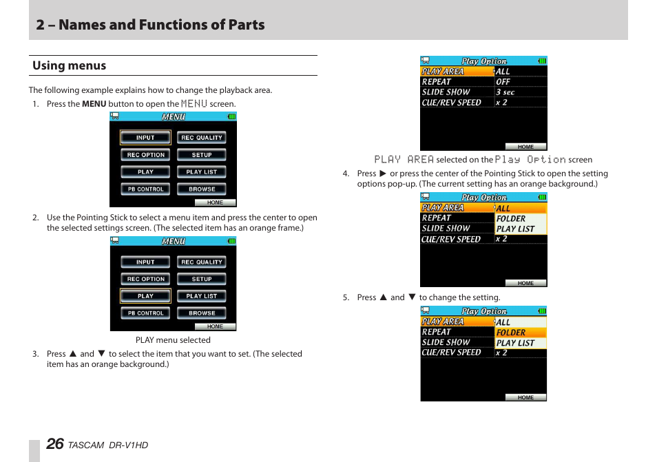 Using menus, 2 – names and functions of parts | Teac DR-V1HD User Manual | Page 26 / 102