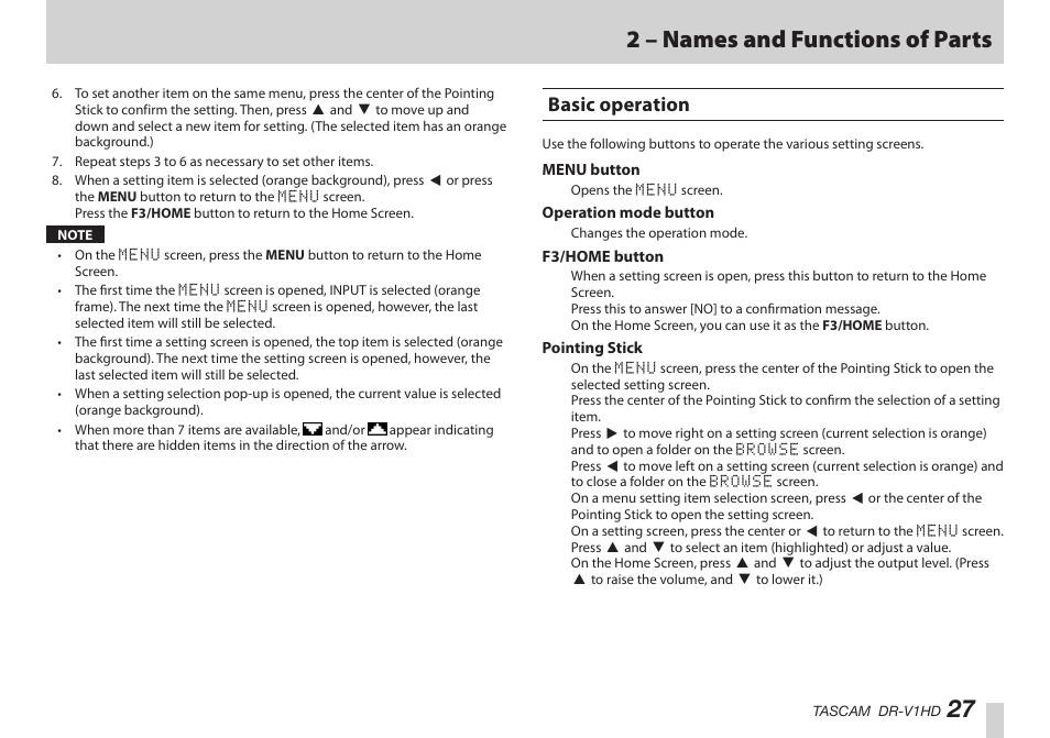 Basic operation, 27 2 – names and functions of parts | Teac DR-V1HD User Manual | Page 27 / 102