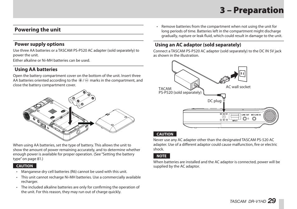 3 – preparation, Powering the unit, Power supply options | Using aa batteries, Using an ac adaptor (sold separately), はじめに | Teac DR-V1HD User Manual | Page 29 / 102