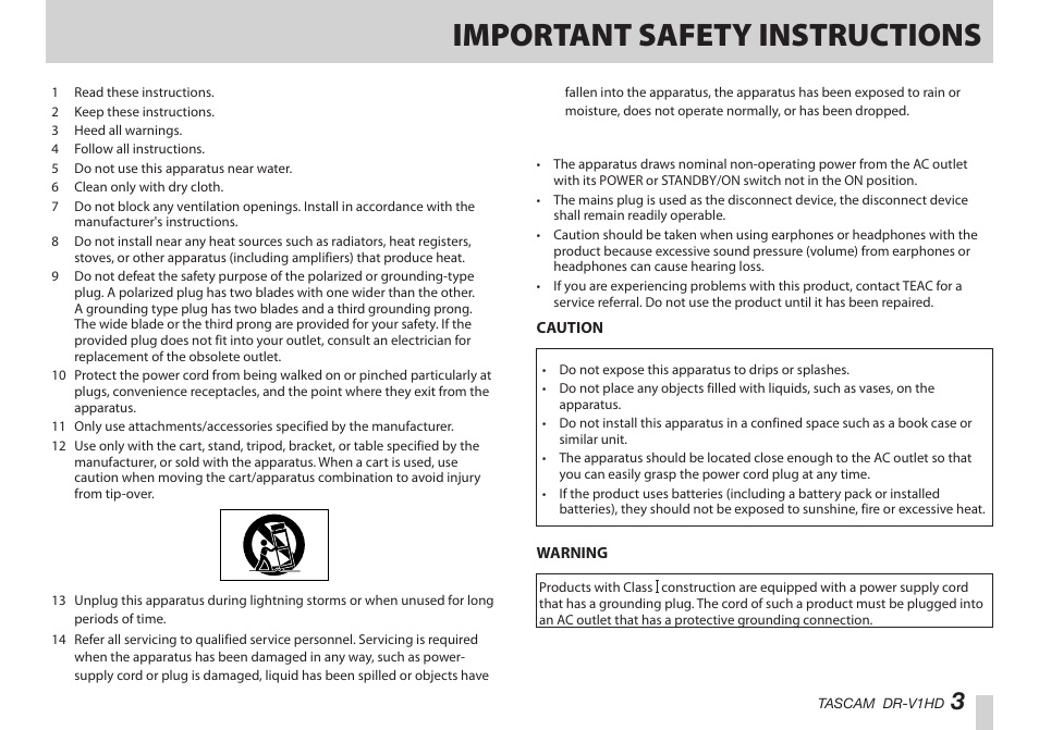 Important safety instructions | Teac DR-V1HD User Manual | Page 3 / 102