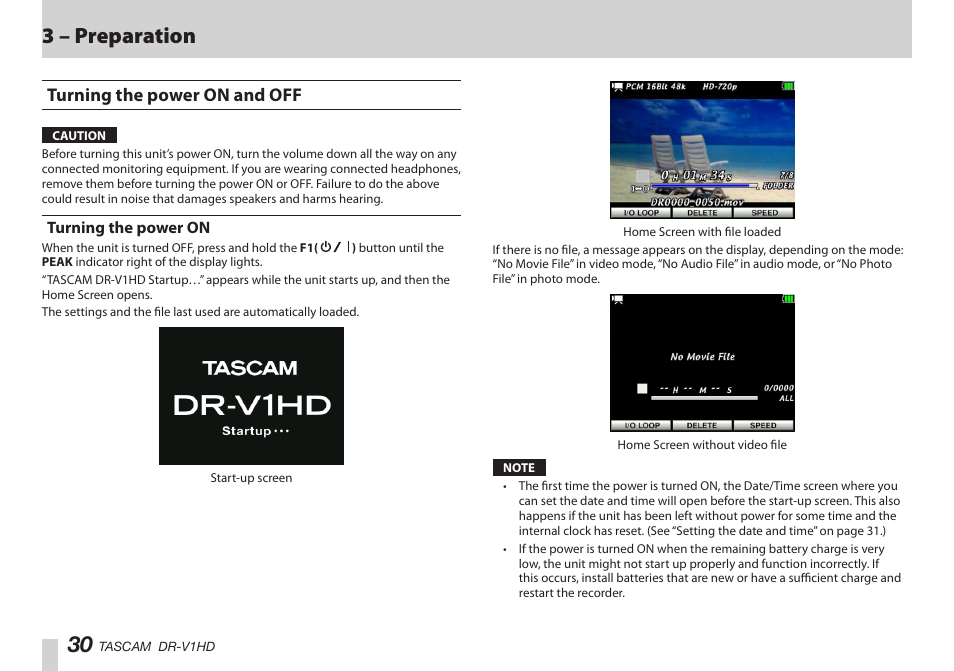 Turning the power on and off, Turning the power on, はじめに | はじめに 30, 3 – preparation | Teac DR-V1HD User Manual | Page 30 / 102