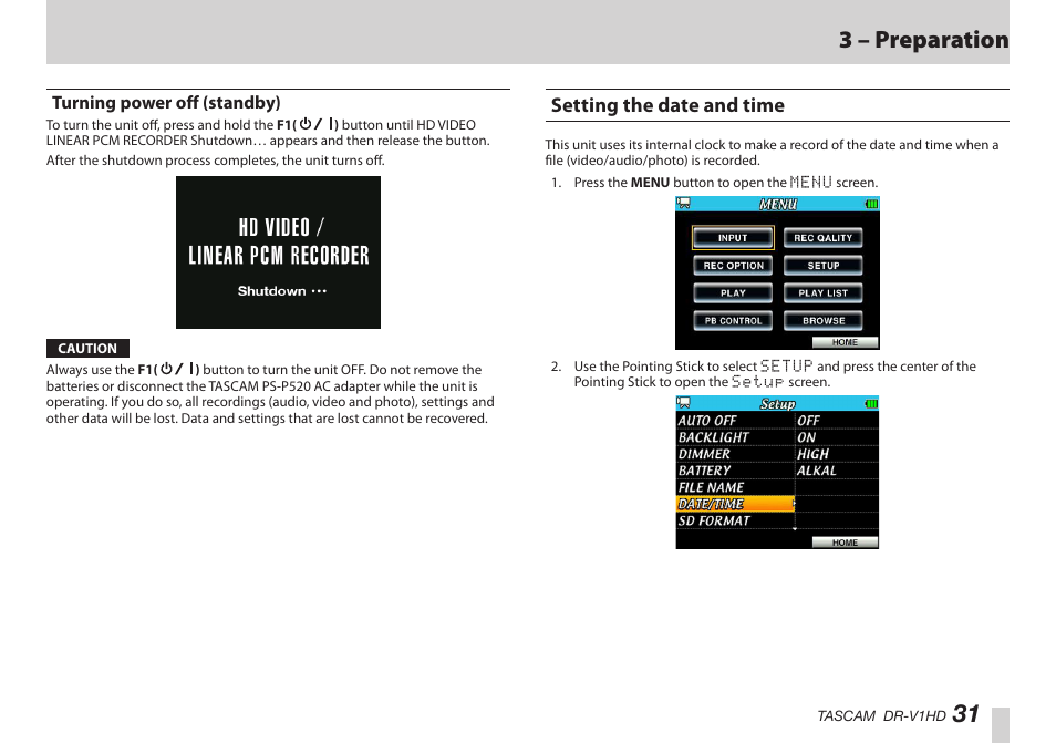 Turning power off (standby), Setting the date and time, はじめに | 31 3 – preparation | Teac DR-V1HD User Manual | Page 31 / 102