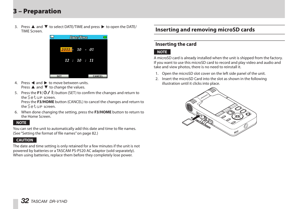 Inserting and removing microsd cards, Inserting the card, はじめに | はじめに 32, 3 – preparation | Teac DR-V1HD User Manual | Page 32 / 102