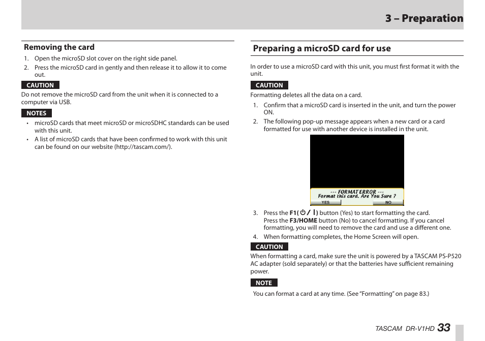 Removing the card, Preparing a microsd card for use, はじめに | 33 3 – preparation | Teac DR-V1HD User Manual | Page 33 / 102