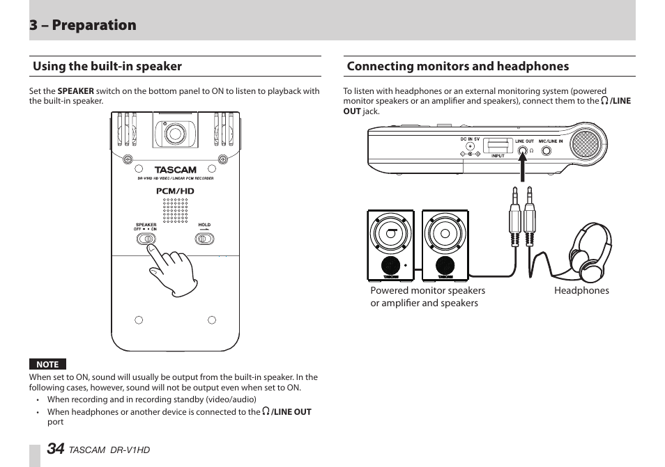 Using the built-in speaker, Connecting monitors and headphones, はじめに | はじめに 34, 3 – preparation | Teac DR-V1HD User Manual | Page 34 / 102